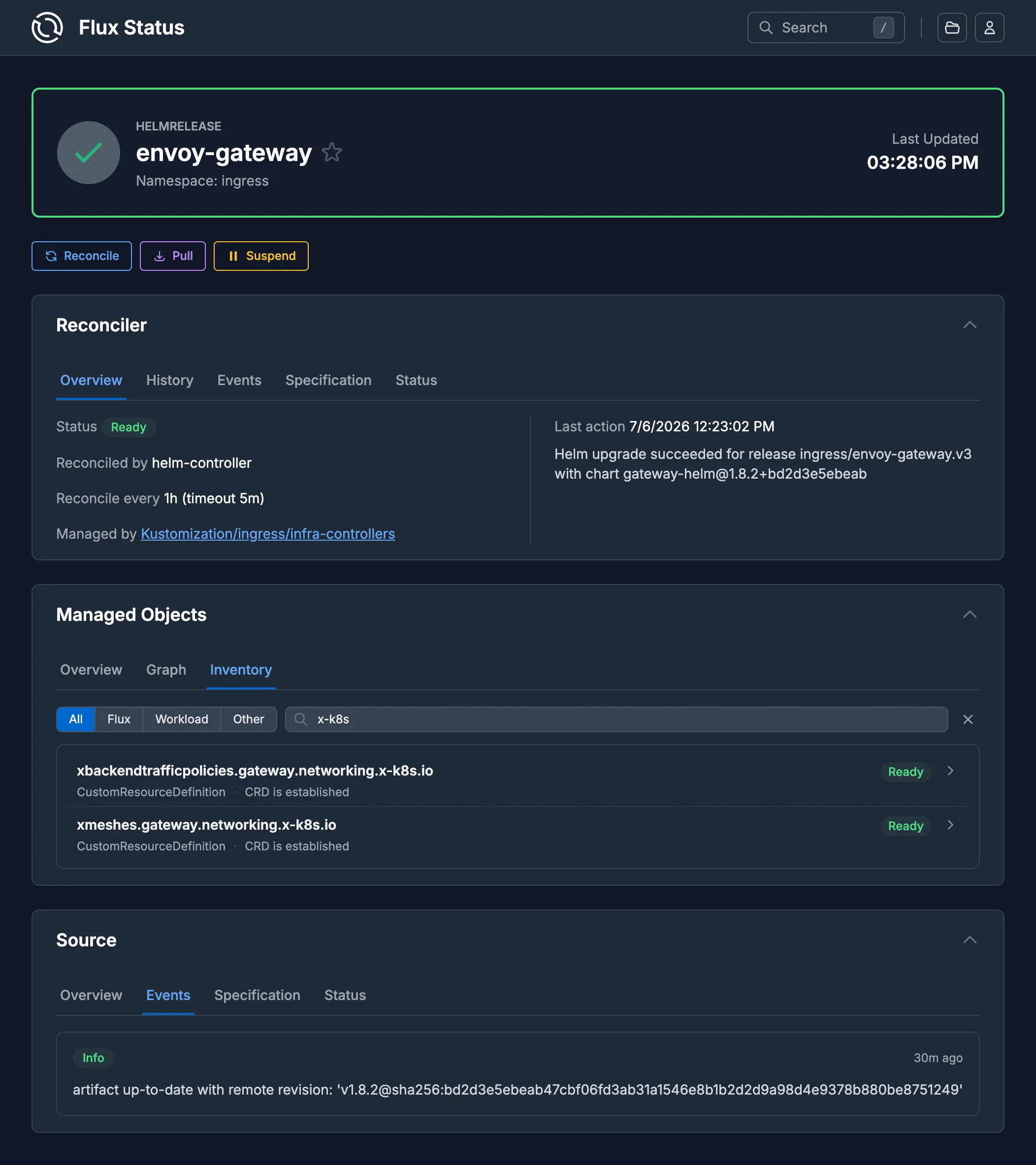 FluxCD Web UI Helm release dashboard showing the current state, revision history and applied values of a HelmRelease