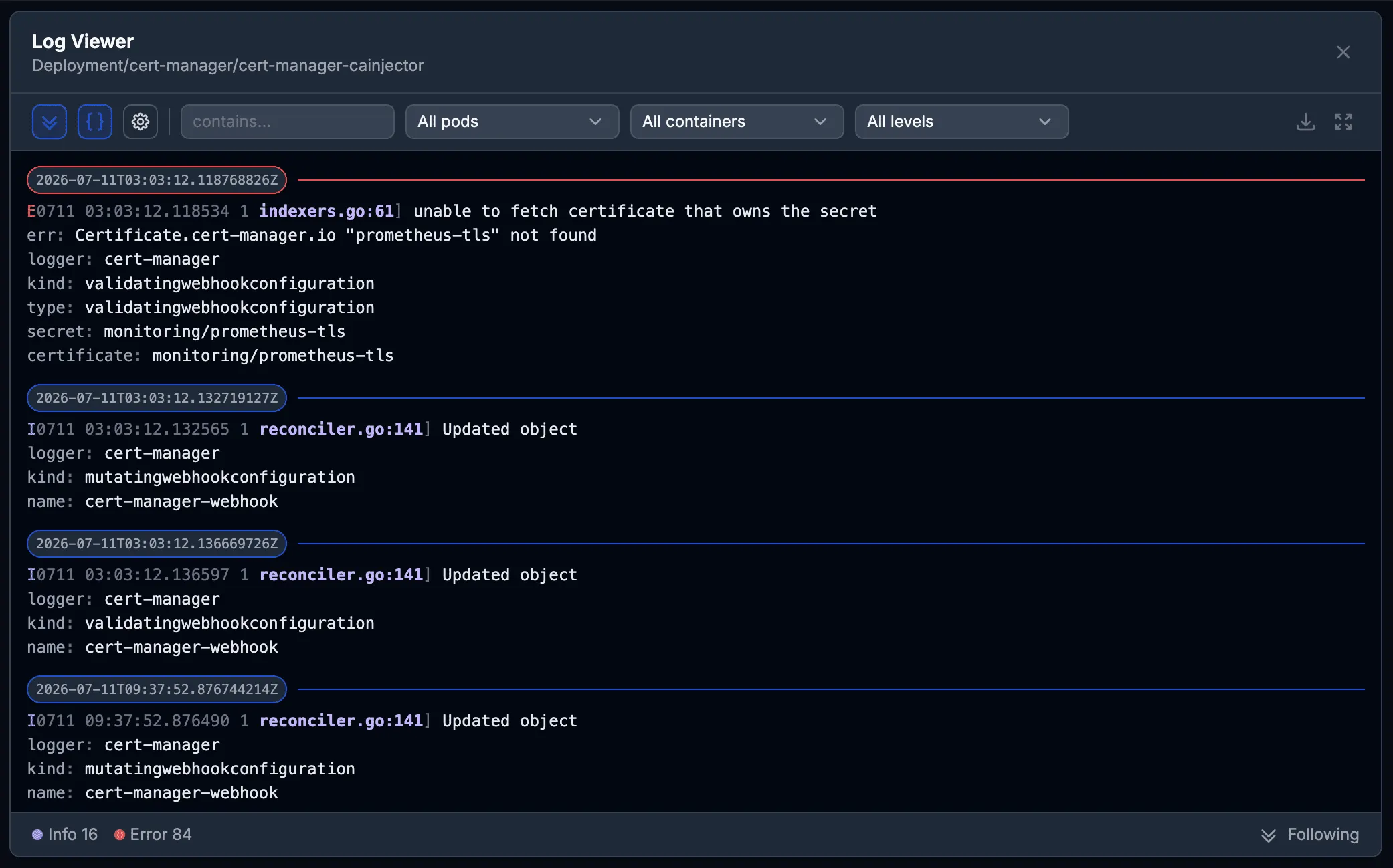 FluxCD Web UI log viewer showing parsed pod logs with log level detection, stack trace grouping and filters for pods, containers and levels