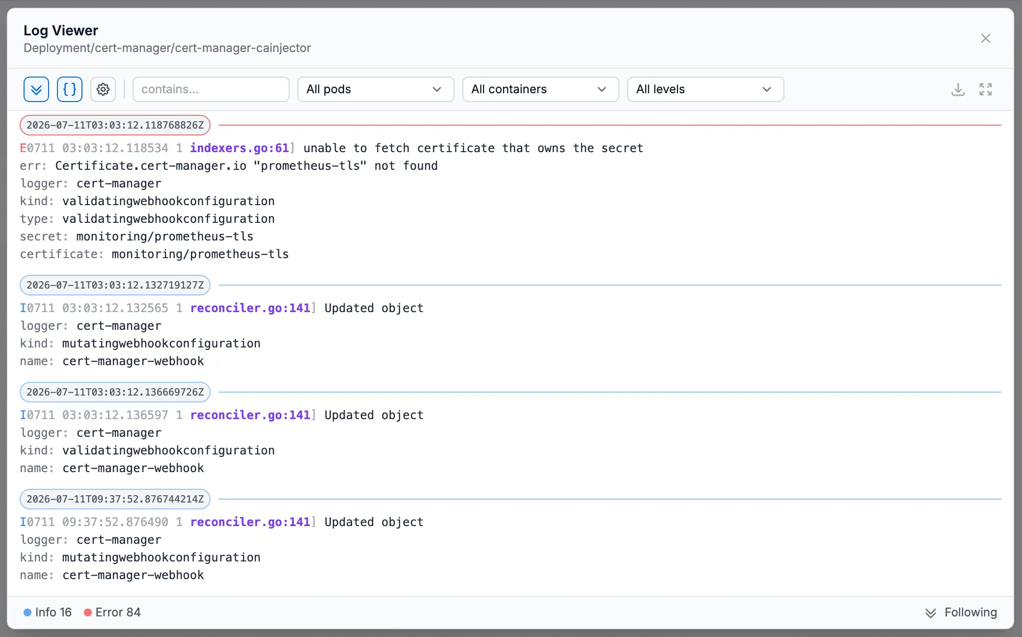 FluxCD Web UI log viewer showing parsed pod logs with log level detection, stack trace grouping and filters for pods, containers and levels