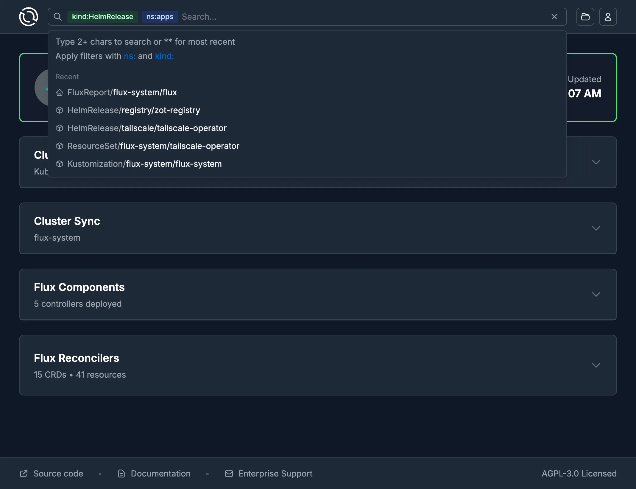 FluxCD Web UI search results showing Flux resources filtered by type, namespace, status and name