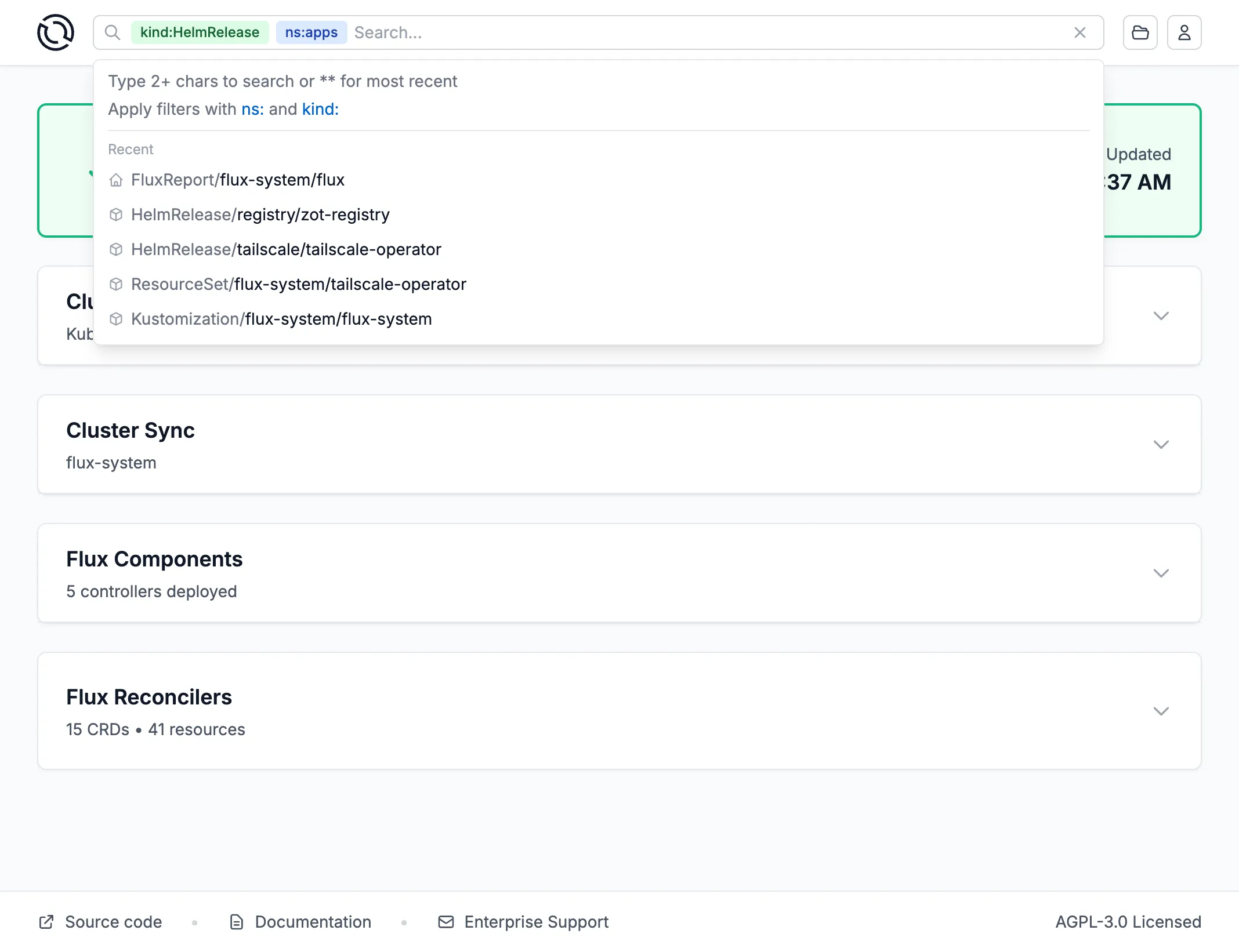 FluxCD Web UI search results showing Flux resources filtered by type, namespace, status and name